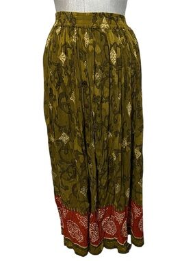 Advantage by Mary Jayne Olive Green/Red Printed Maxi Skirt Buttons Size M